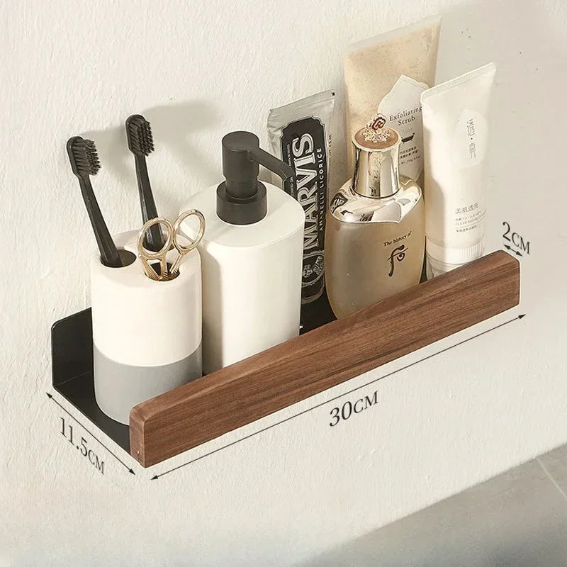 Solid Wood and Aluminium Punch-Free Bathroom Shelf