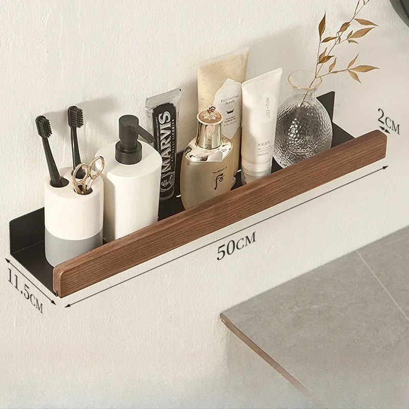 Solid Wood and Aluminium Punch-Free Bathroom Shelf